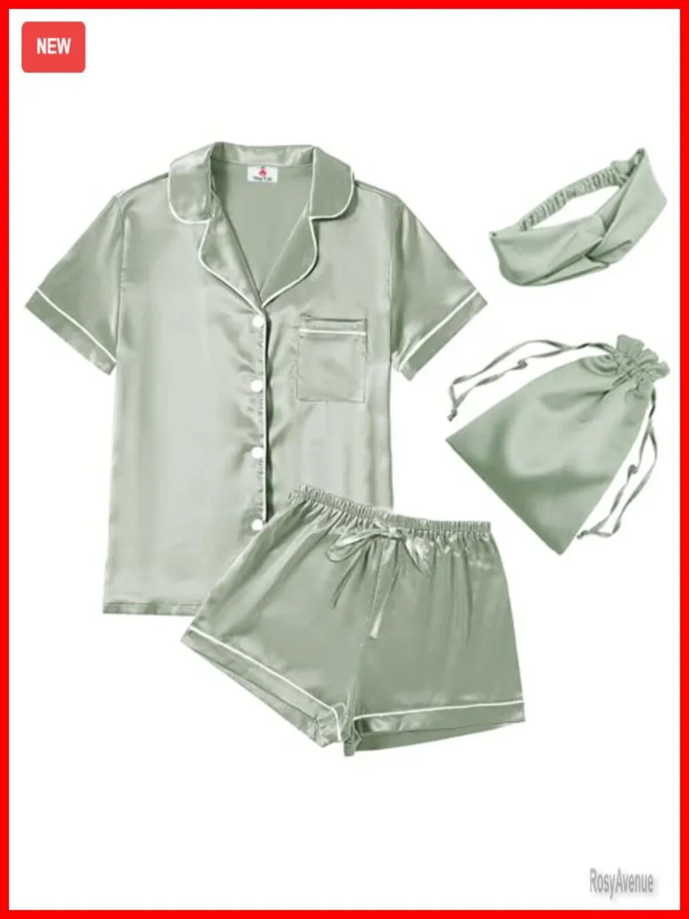 Women's Satin Pajama Set Short Sleeve Button Front Shirt & Shorts with Headband